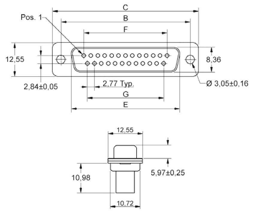 Technical drawing of a D-sub connector with dimensions in millimetres for length, width, hole spacing, and pin positions.