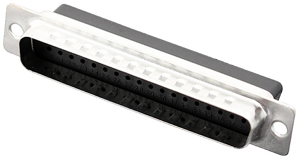 'SCSI connector with 50 pins in a metallic housing, commonly used for older external hard drives and printer connections.'