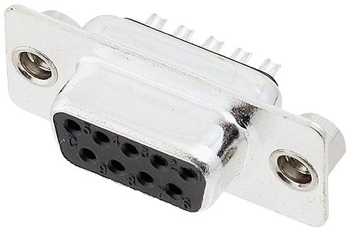 Metallic DB9 plug with nine pins, typically used for serial connections in computer networks.