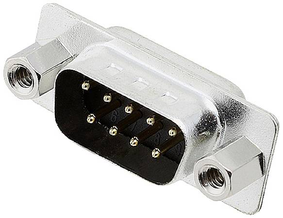 A silver 9-pin D-sub plug, commonly used in computer and electronic connections.
