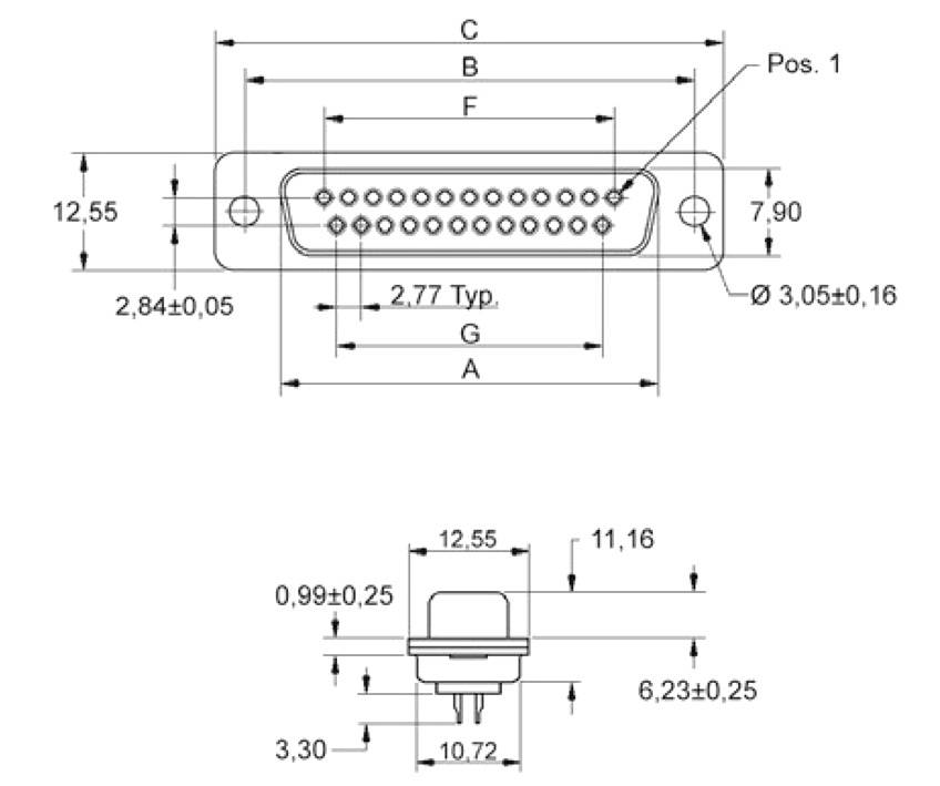 Technical drawing of a D-sub connector with dimensions. It shows detailed views of hole spacings, overall length, width, and pin positions.