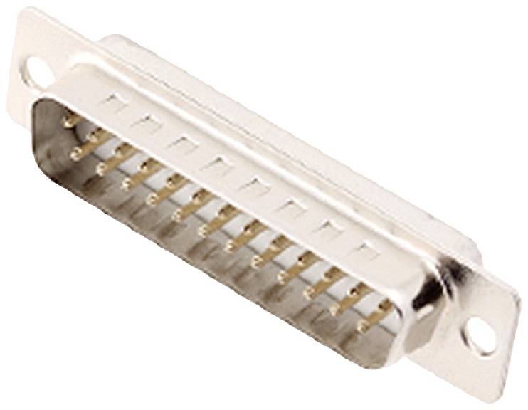 A metal-coloured, 25-pin D-sub plug, typically used for serial RS-232 connections in computers and devices.