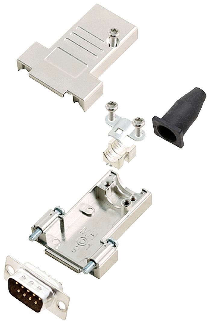 A D-sub plug kit: shows an opened metal housing with screws, a cable entry point, and the plug with pins for wiring.