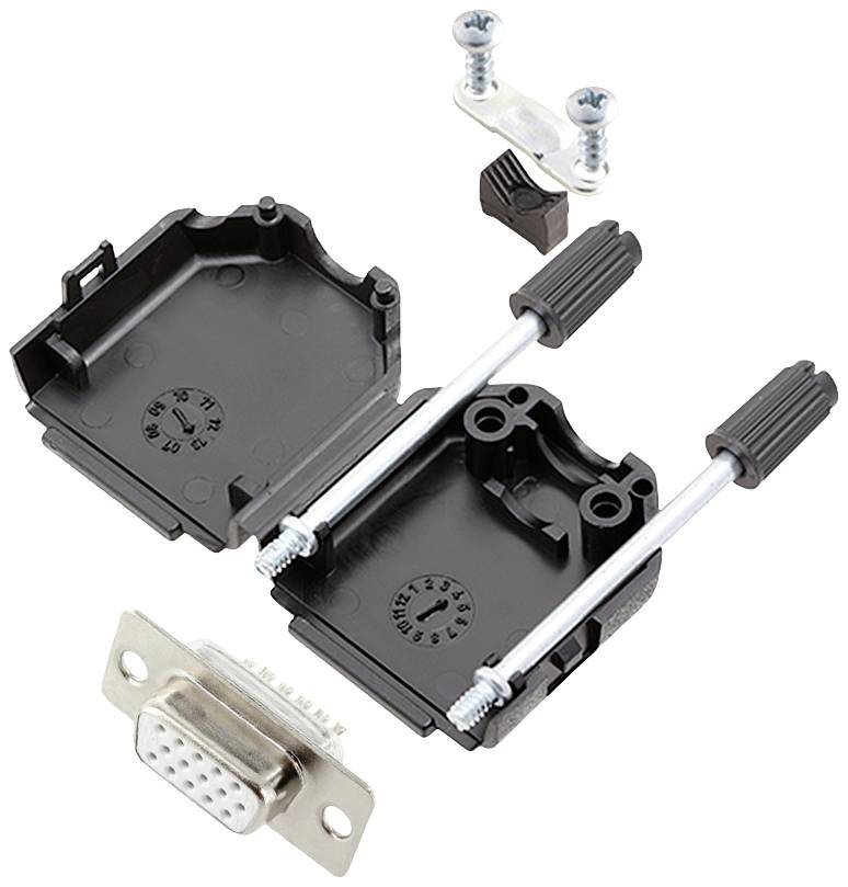 Electronic connector kit with housing halves, screws, and mounting materials.