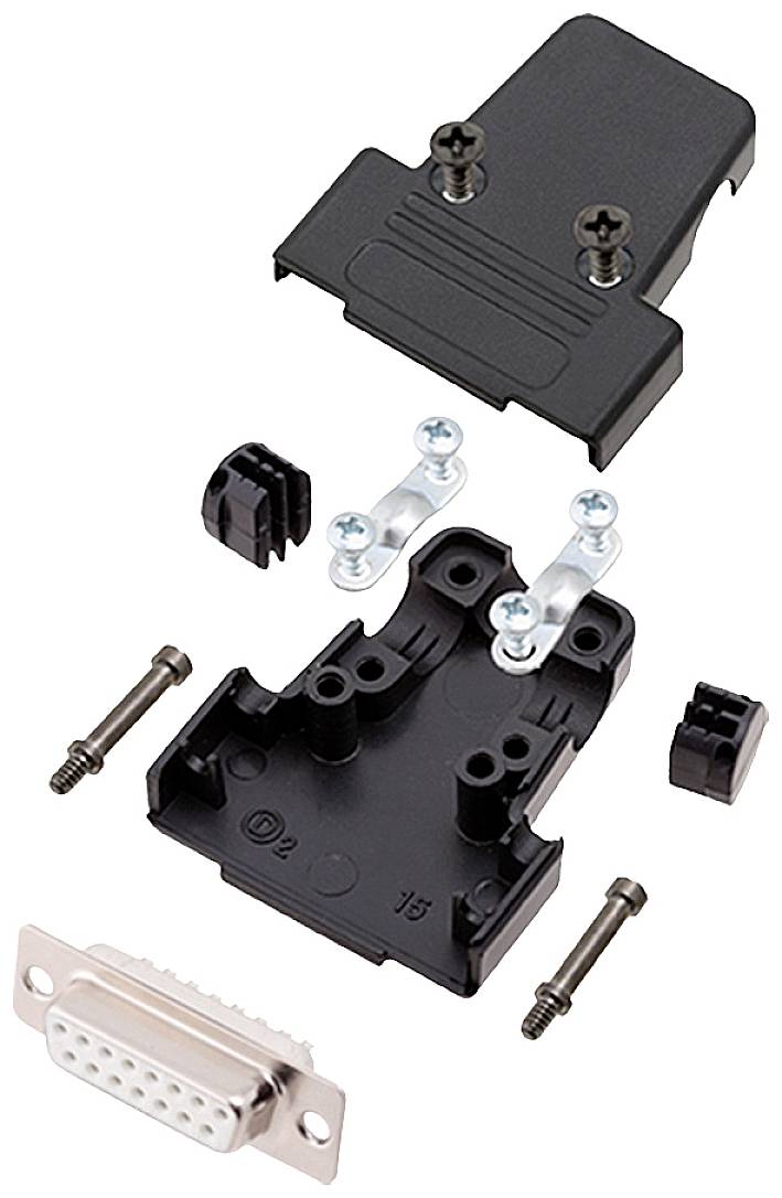 Dismantled D-Sub connector housing: showing upper and lower housing parts, screws, cable clamps and a 9-pin socket.