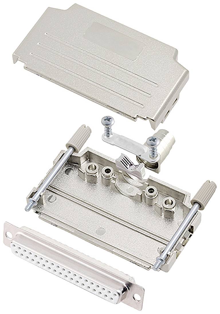 Metal plug housing in individual parts, comprising housing shells, mounting clips, and a plug component, shows assembly components.