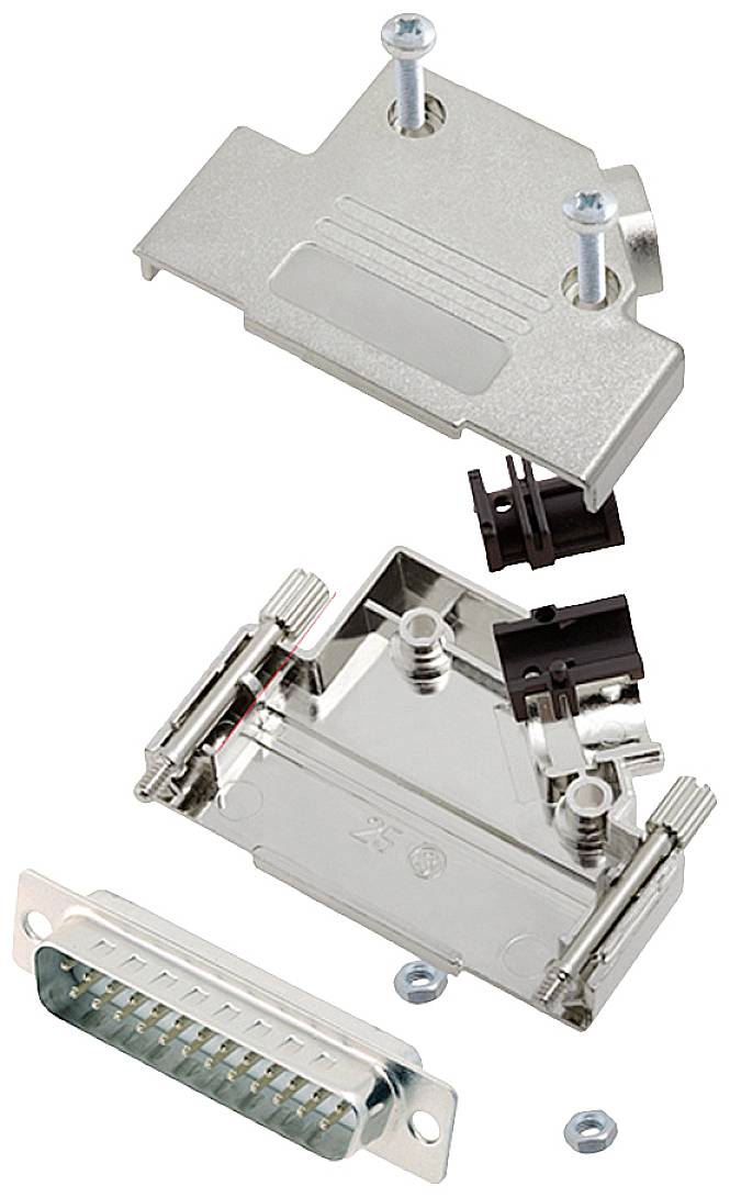 Exploded view diagram of a D-Sub connector with housing, screws, and terminals. Main components shown in separate parts.