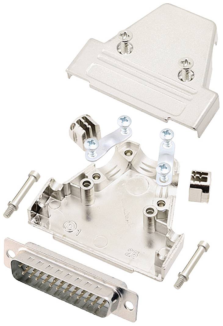 Exploded diagram of a multi-part connector set with metal housing, screws, and a 25-pin plug connector.