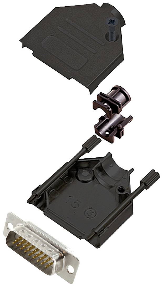 Components of a D-Sub connector: upper cover with screw, cable clamp, lower cover, and connector with pins.