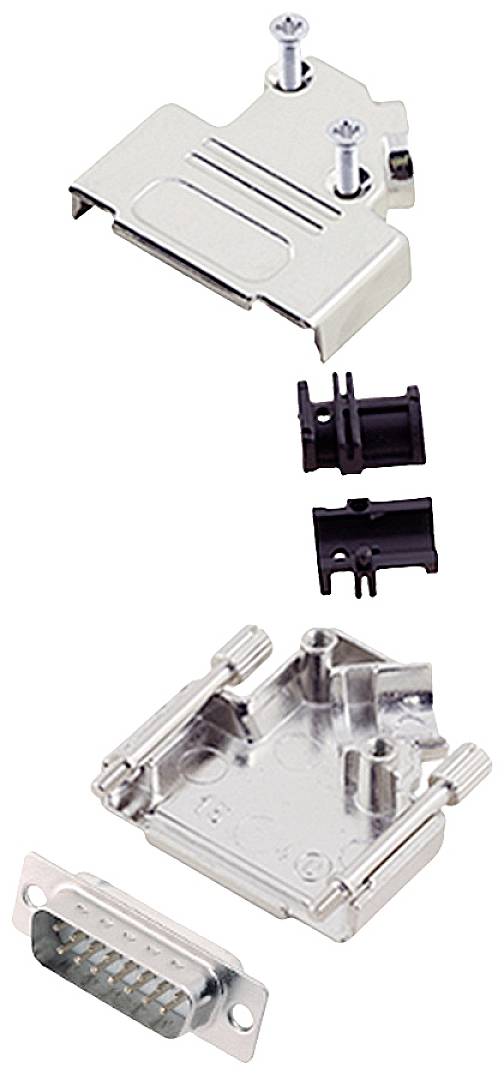 Illustration of an assembled D-sub connector. Housing top and bottom, cable clamps and plug visible.