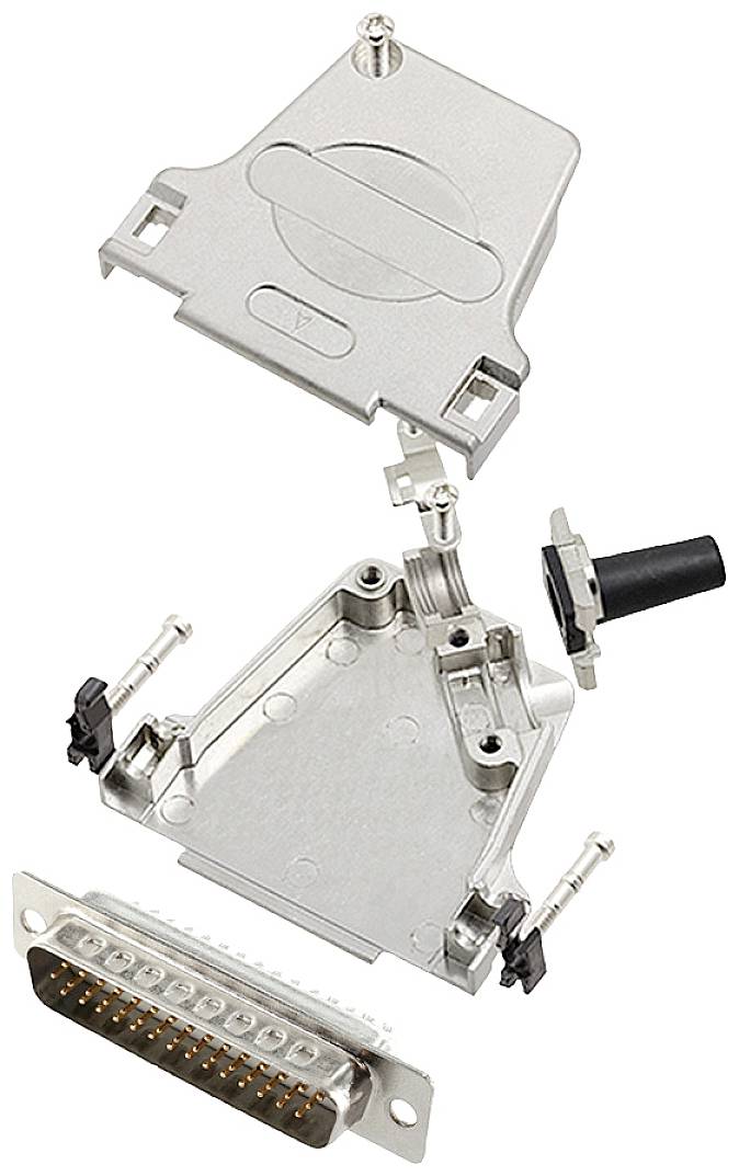 'Exploded view of a 25-pin D-sub connector with metal housing, screws and cable clamp, showing components in detail.'