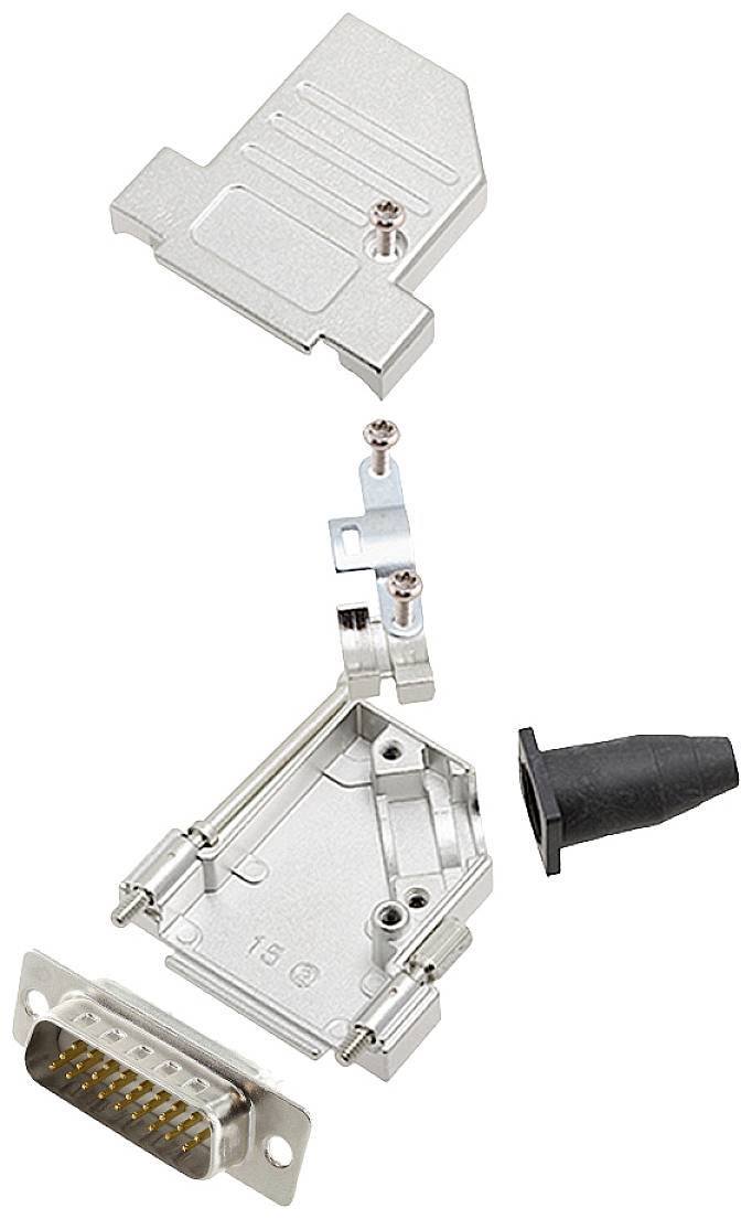 Metal housing of a D-Sub connector in individual components: housing, screws, cable holder, and cable gland.