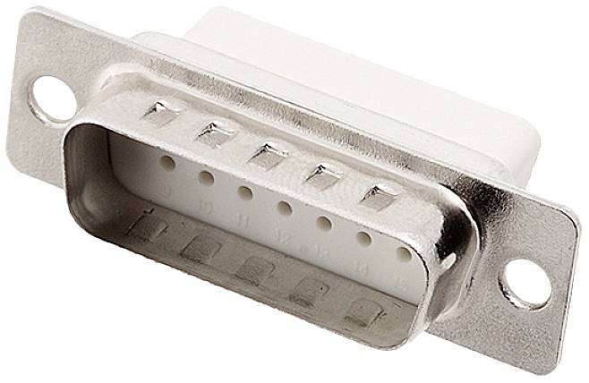 Silver-coloured connector with a rectangular metal housing and two mounting lugs, with nine visible pins arranged in three rows.