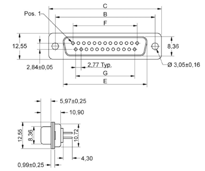 Technical drawing of a D-sub connector with dimensions and tolerances. Top: Front view showing pin positions. Bottom: Side view.