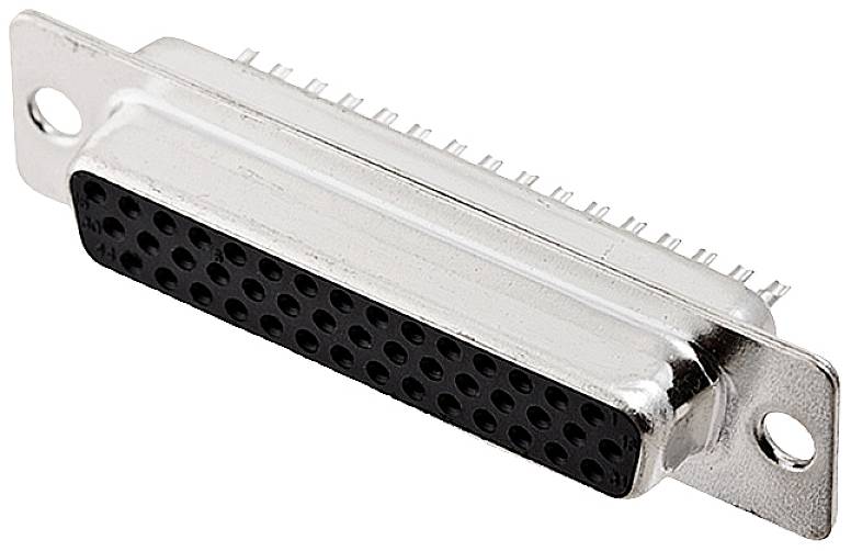 A silver DB-25 plug with black socket openings, typically used for serial connections or printer ports.