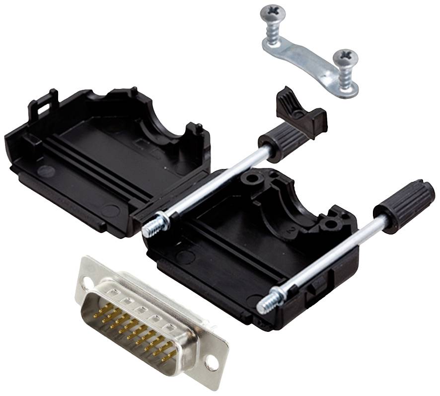 An open DB15 connector housing with screws, cable clamp, and metal plug. User guidance for cable installation.