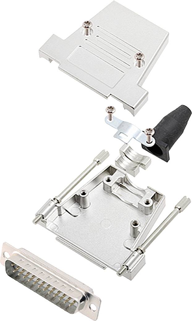 Exploded diagram of a D-Sub connector. Showing housing, screws, cable clamp, and pins as individual components.