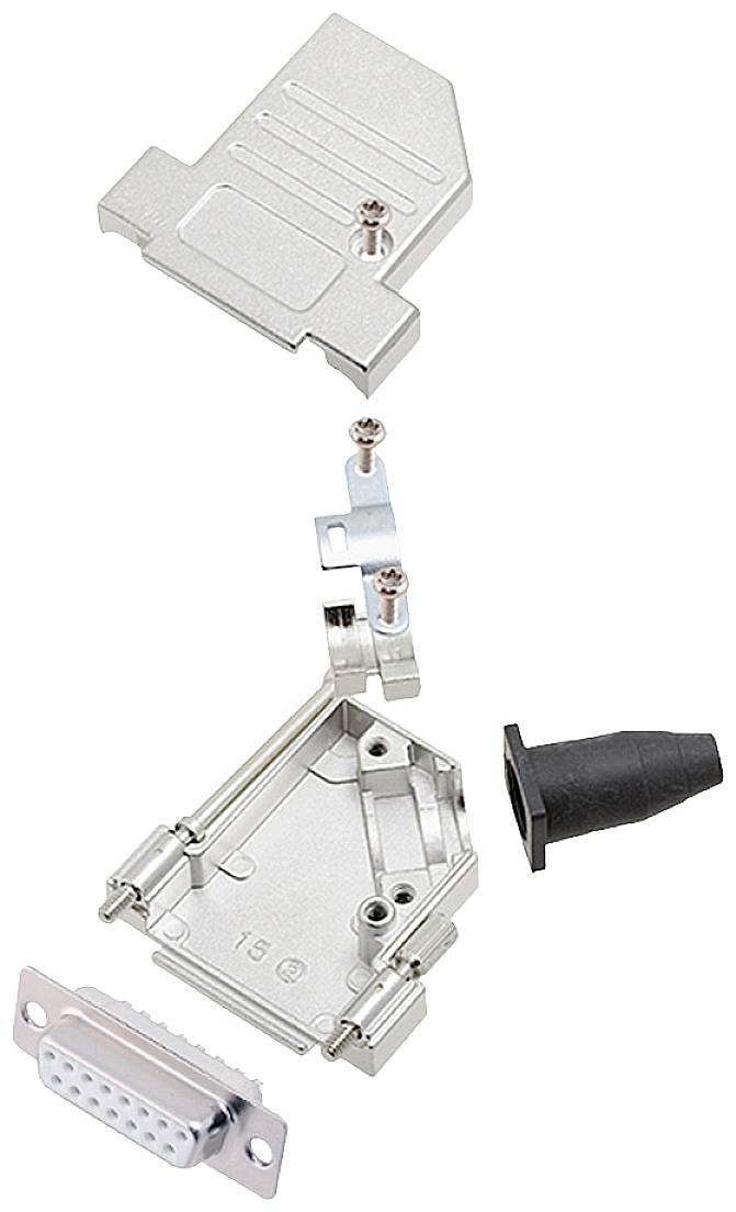 Exploded view diagram of a D-Sub connector with metal housing, screws, terminals, and cable protection to illustrate the assembly.