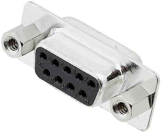 A silver, rectangular serial DB9 plug with nine pin holes and side threaded sockets for securing to compatible cables.