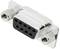 A silver, rectangular serial DB9 plug with nine pin holes and side threaded sockets for securing to compatible cables.