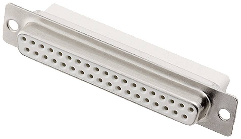 A 25-pin D-sub connector in silver metal finish, shown from the front.