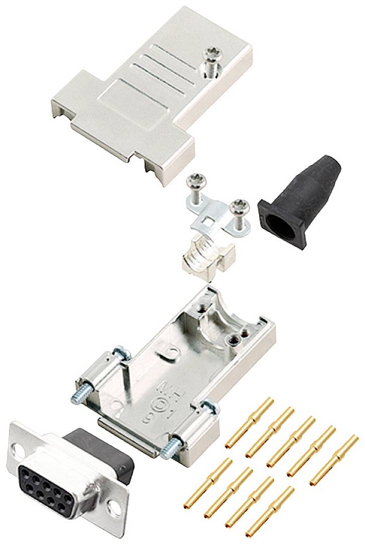 A D-sub plug set with housing, socket, contact pins and cable entry, disassembled into individual components. Suitable for electrical cable connections.