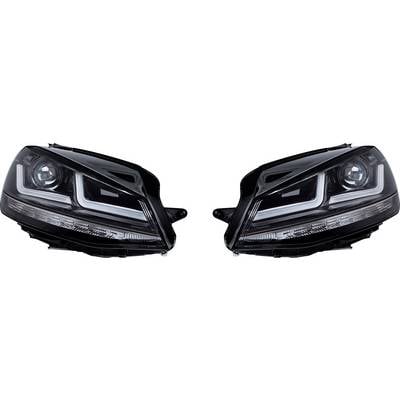 Two car headlights in close-up, symmetrically arranged, with modern LED elements and a futuristic design.