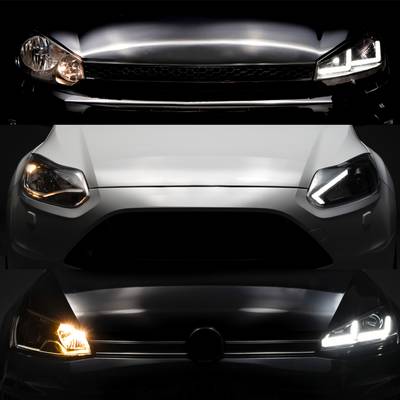 Three different car front views with headlights on; one black, one white, and one dark-coloured vehicle.