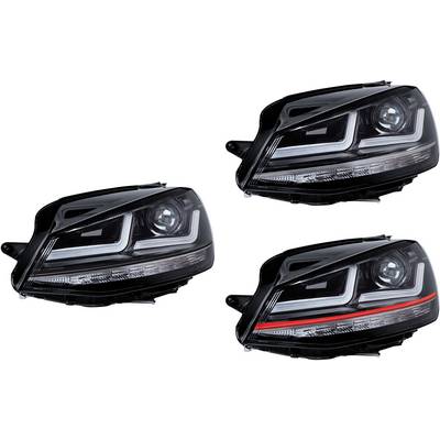 Three black car headlights with various LED designs. The one at the bottom right has a striking red stripe.