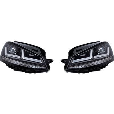 Two black car headlights with LED strips and clear lenses, arranged in opposite directions.