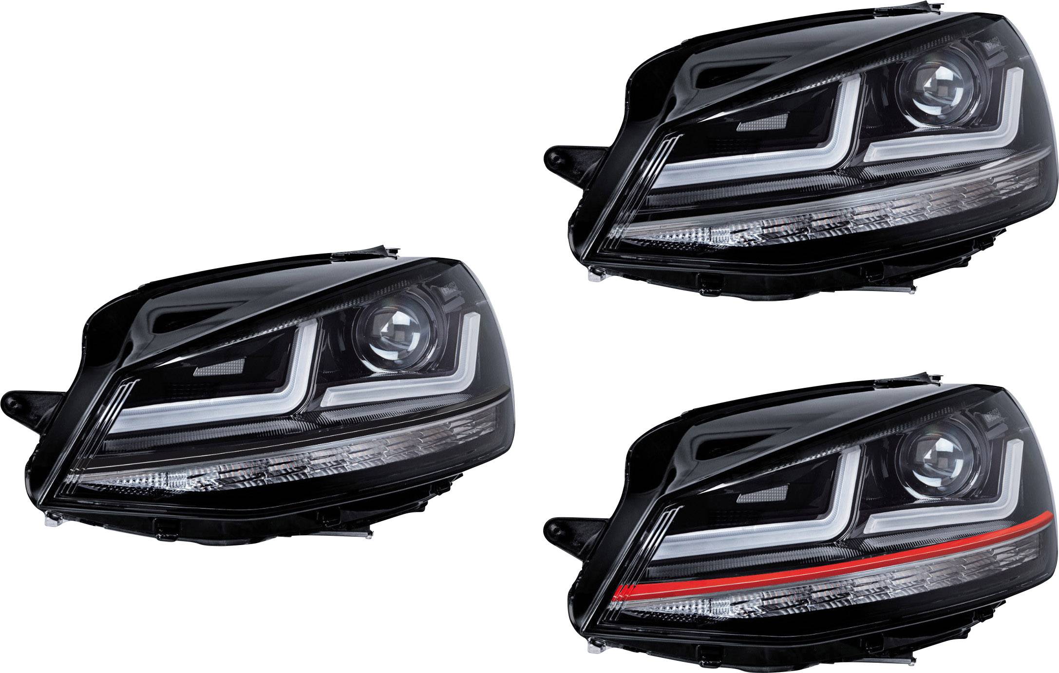 Three car lights in close-up; top left standard light, right a variant with LED accents, bottom right LED strip highlighted in red.