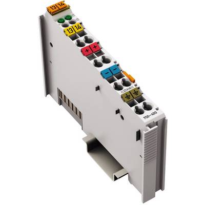 A white electronic module with various coloured connectors and the inscription '750-400'.