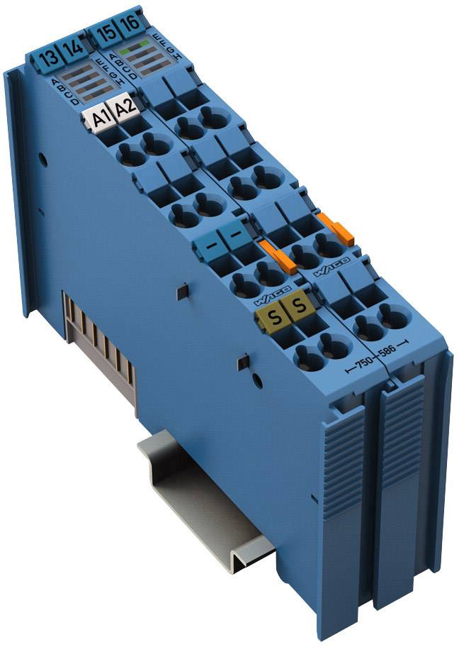 A blue electric relay module with terminals A1, A2 and numbers 13 to 16. It has switches and is mounted on a DIN rail.