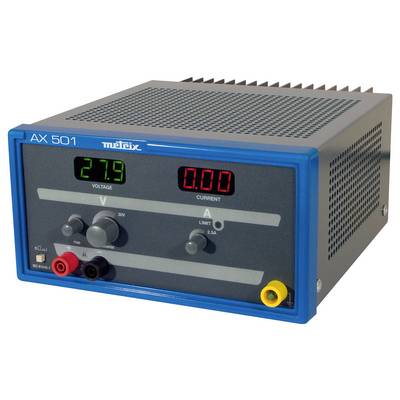 The image depicts an AX 501 laboratory power supply. It has a display with green voltage reading (27.9V) and red current indication (0.00A), along with controls and connectors.