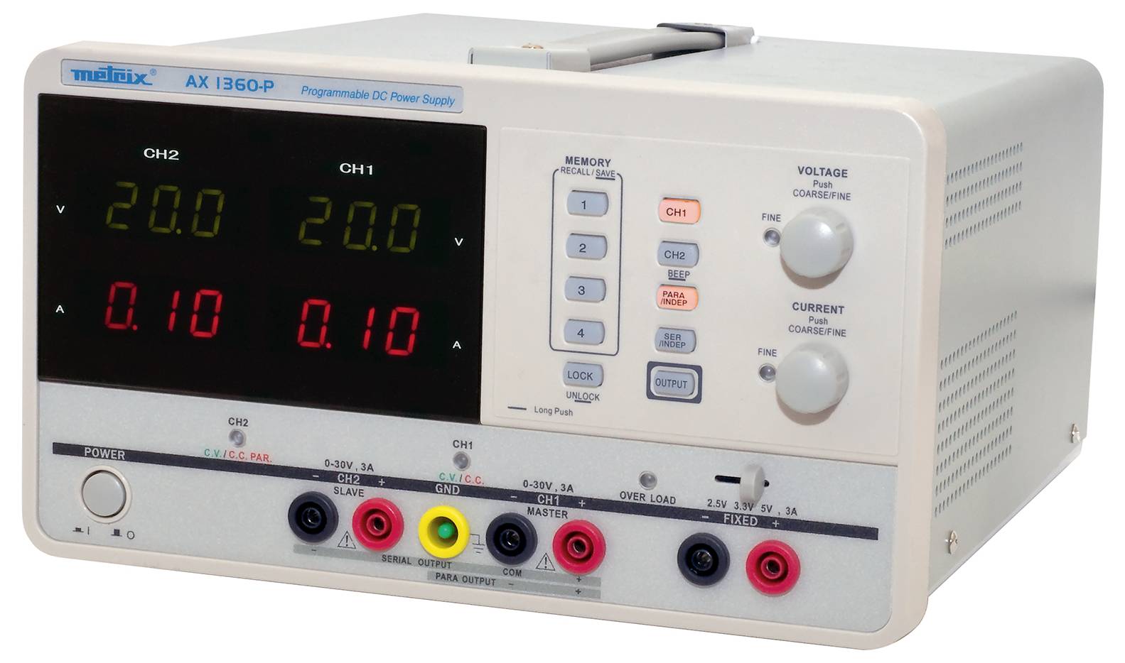 Metrix AX 1360 Bench PSU (adjustable voltage) 0 – 30 V 5 – 6 A USB programmable No. of outputs 3 x