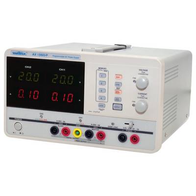 Programmable DC power supply with two channels, displaying a voltage of 20.0V and current of 0.10A per channel. Controls visible.
