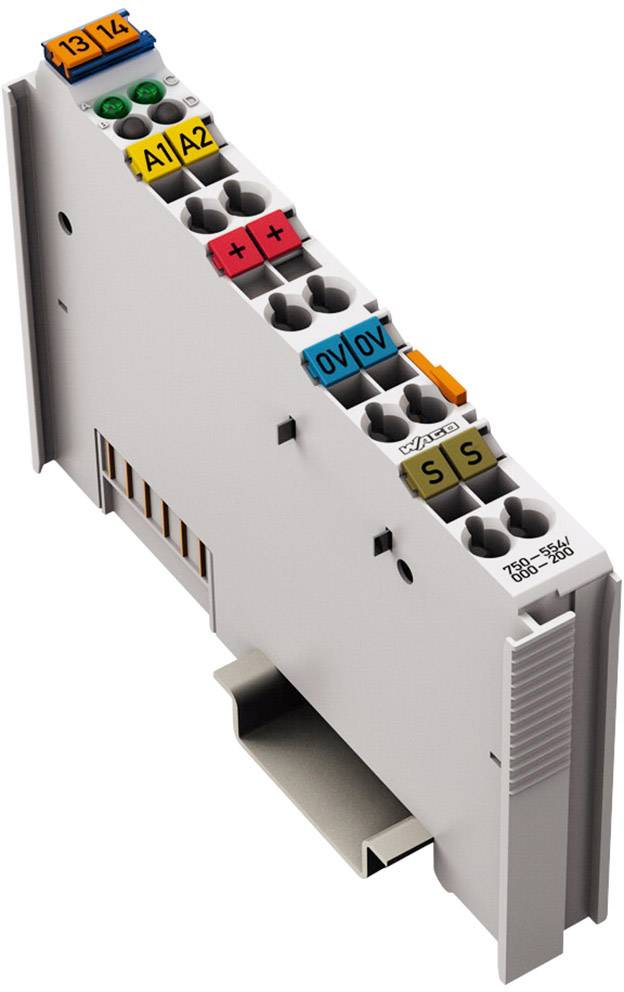 'Input module for automation; shows terminal blocks with colour-coded markings such as 13, 14, A1, A2 for electrical circuits.'
