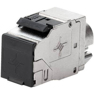 Metal connection with a black plastic tip and embossed logo.
