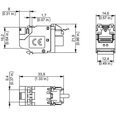 Drawing of an Ethernet plug with dimensions in millimetres and inches. Main views are side view, front view, and top view.