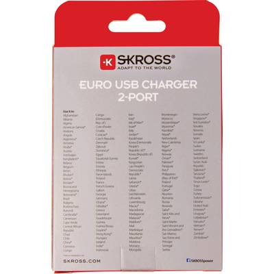 'Euro USB Charger 2-Port' packaging with a list of countries where the adapter can be used, brand logo at the top.