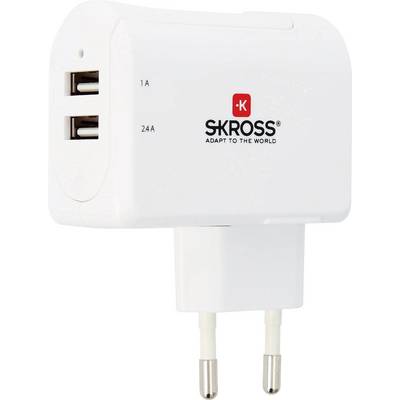 White travel adapter with two USB ports and European plug. Brand name 'SKROSS' printed.