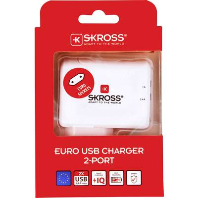 'Euro USB Charger' by SKROSS with two ports, 1A and 2.4A. Packaging displays EU symbol and usage instructions for Europe.