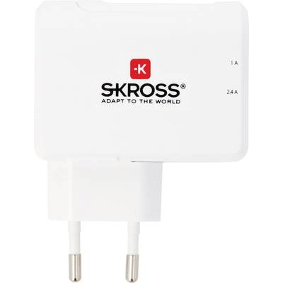 White charger with two Euro plugs. Inscription: 'SKROSS Adapt to the World'. Supports 1A and 2.4A current strength.<br><br>Translated to British English:<br><br>White charger with two Euro plugs. Inscription: 'SKROSS Adapt to the World'. Supports 1A and 2.4A current.