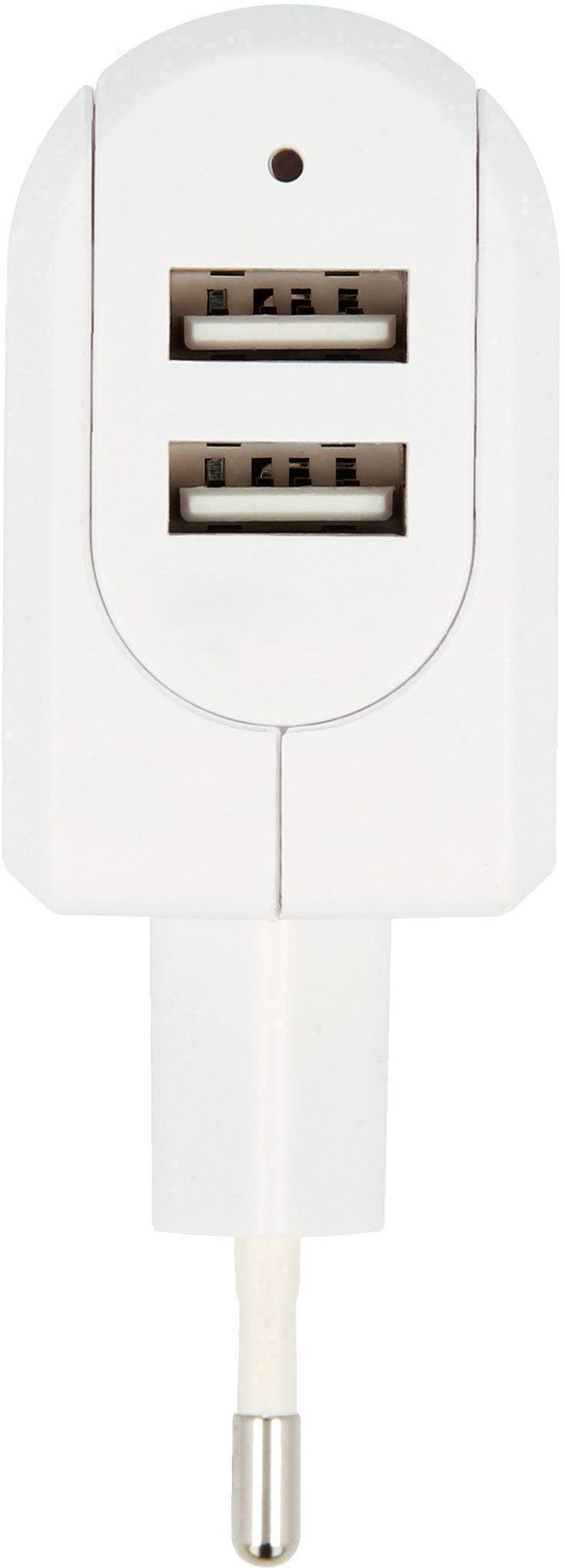 Double USB charging plug in white, suitable for simultaneously charging two devices via a single socket.
