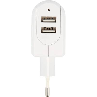 Double USB charging plug in white, suitable for simultaneously charging two devices via a single socket.