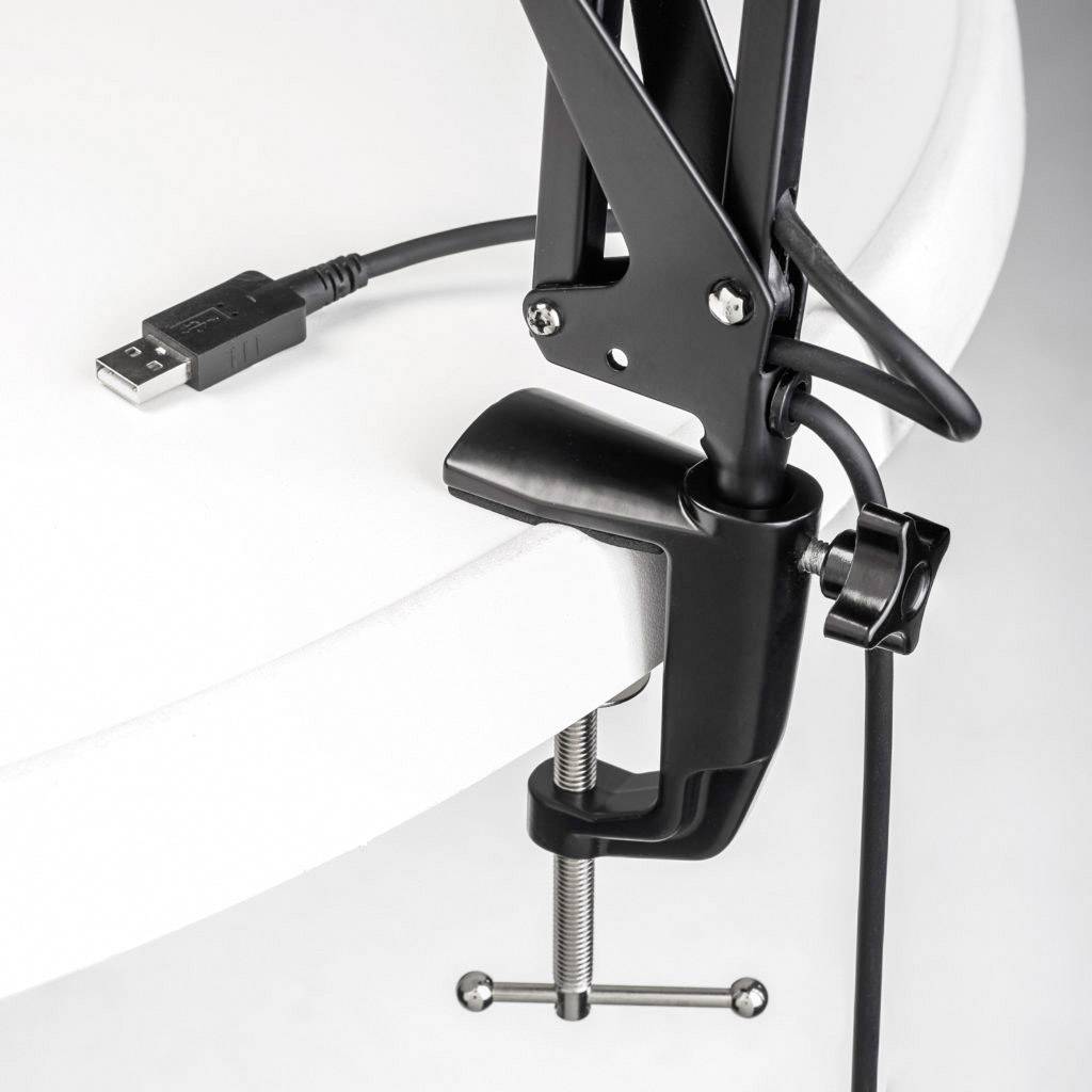 Microphone arm holder with clamp, attached to a table, showing the screw clamp and USB connection cable.