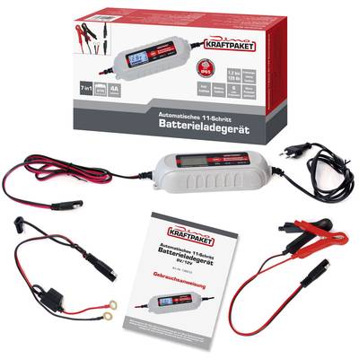 Battery charger set with cables and clamps in front of packaging. Packaging shows charger, text 'Automatic Battery Charger'.