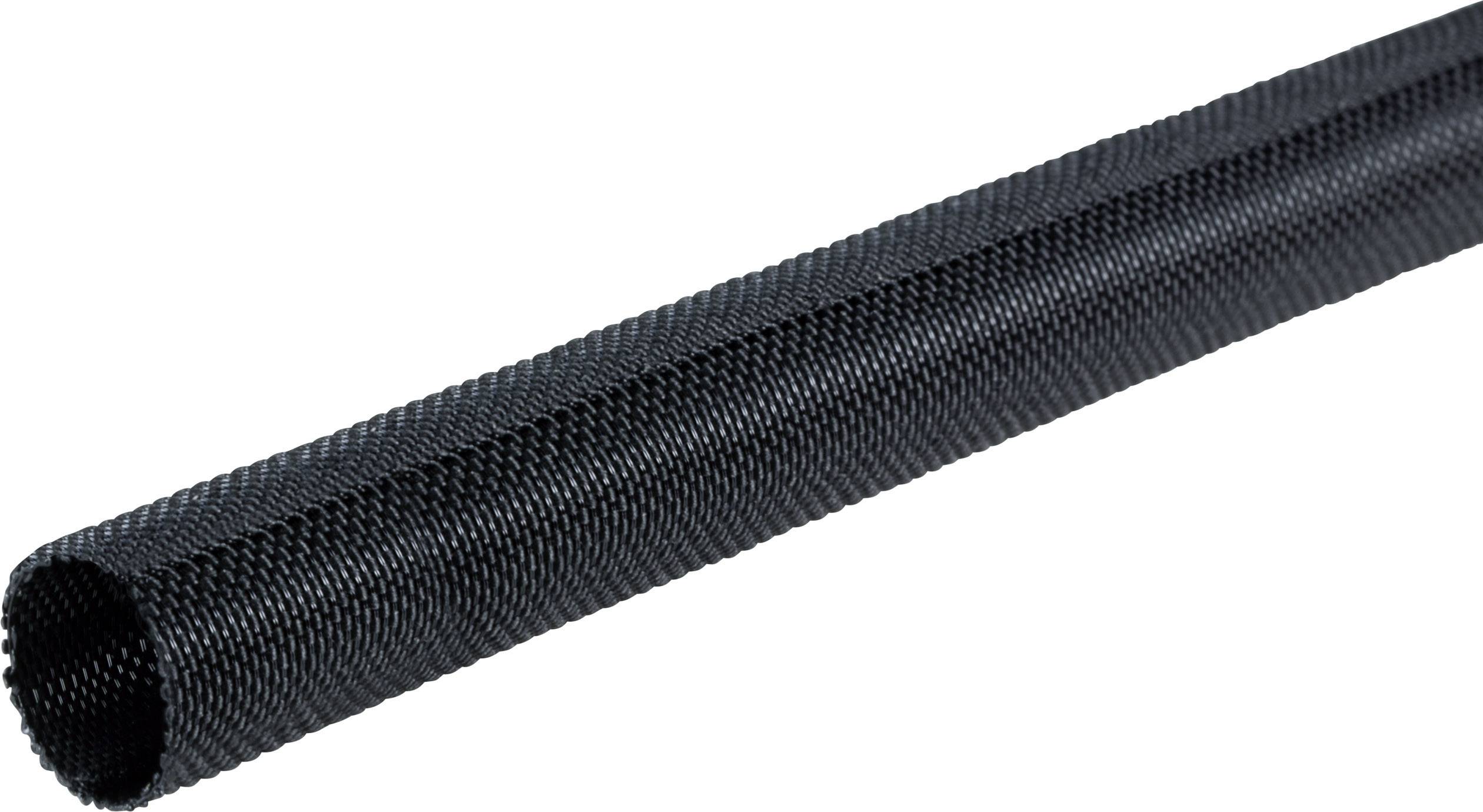 A black, flexible braided cable sleeve used for bundling and protecting cables.