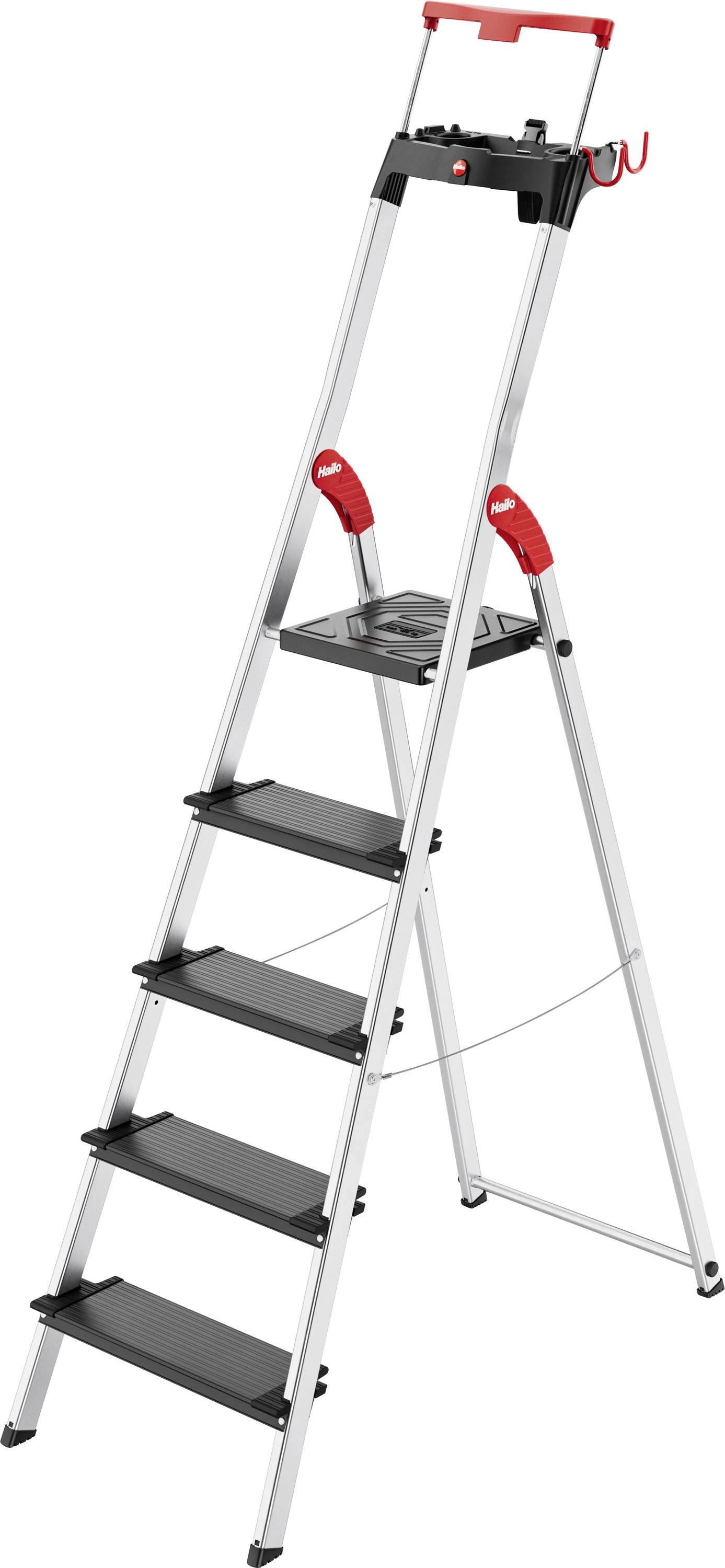 A five-step aluminum ladder with black steps and red handles, designed for household use. It has a tool tray and safety rail at the top.