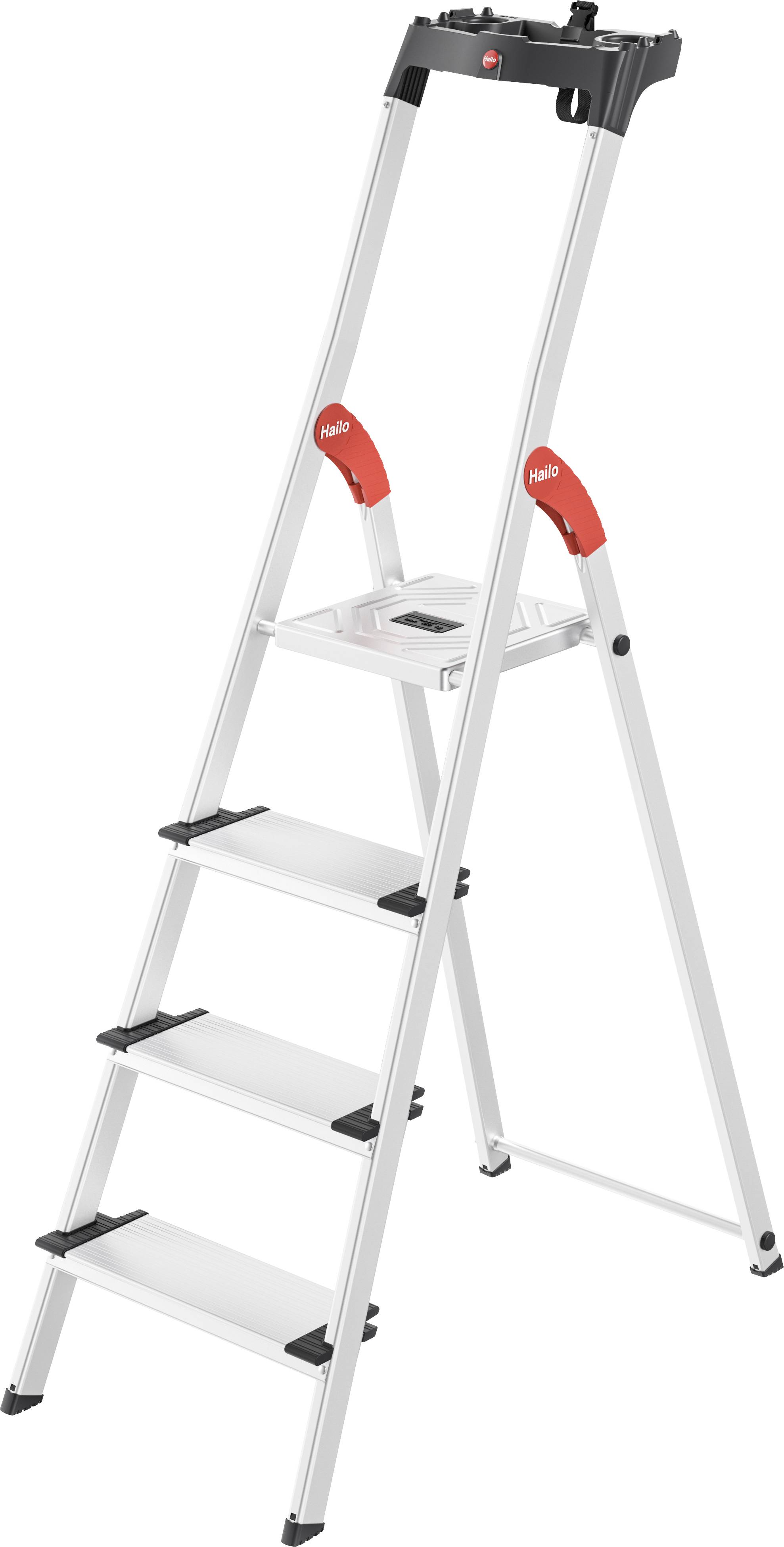 Metal step ladder with five steps and red handles, sturdy and lightweight, suitable for indoor use.